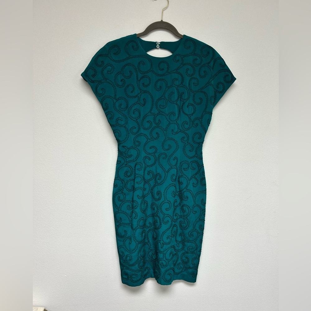 VINTAGE Carmen Marc Valvo Teal Beaded Cocktail Dress Womens size 8